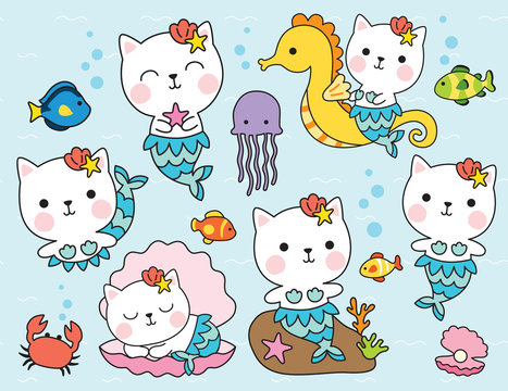 Cute cat mermaid character with fishes, seahorse, shell, and crab under the sea vector illustration.