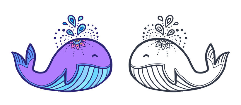 Cute funny whale coloring book vector illustration in two variants: colored sample and black contour for coloring
