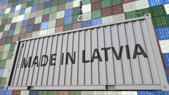Cargo container with MADE IN LATVIA caption. Latvian import or export related loopable animation