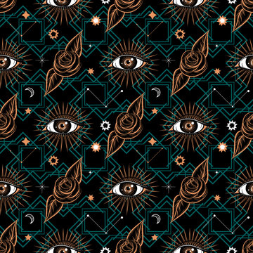 Seamless pattern in medieval celestial style with eye and roses. Bohemian, gypsy motifs.