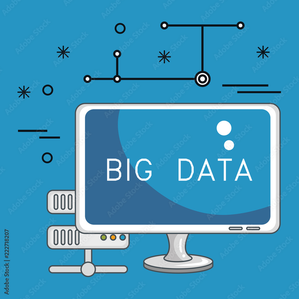 Poster desktop computer with big data icons