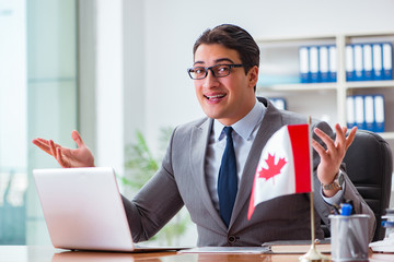 Businessman with Canadian flag in office