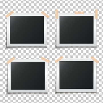 Template paper photo frame set. Template for your design works. Photo glued on scotch tape. Vector illustration isolated on a transparent background