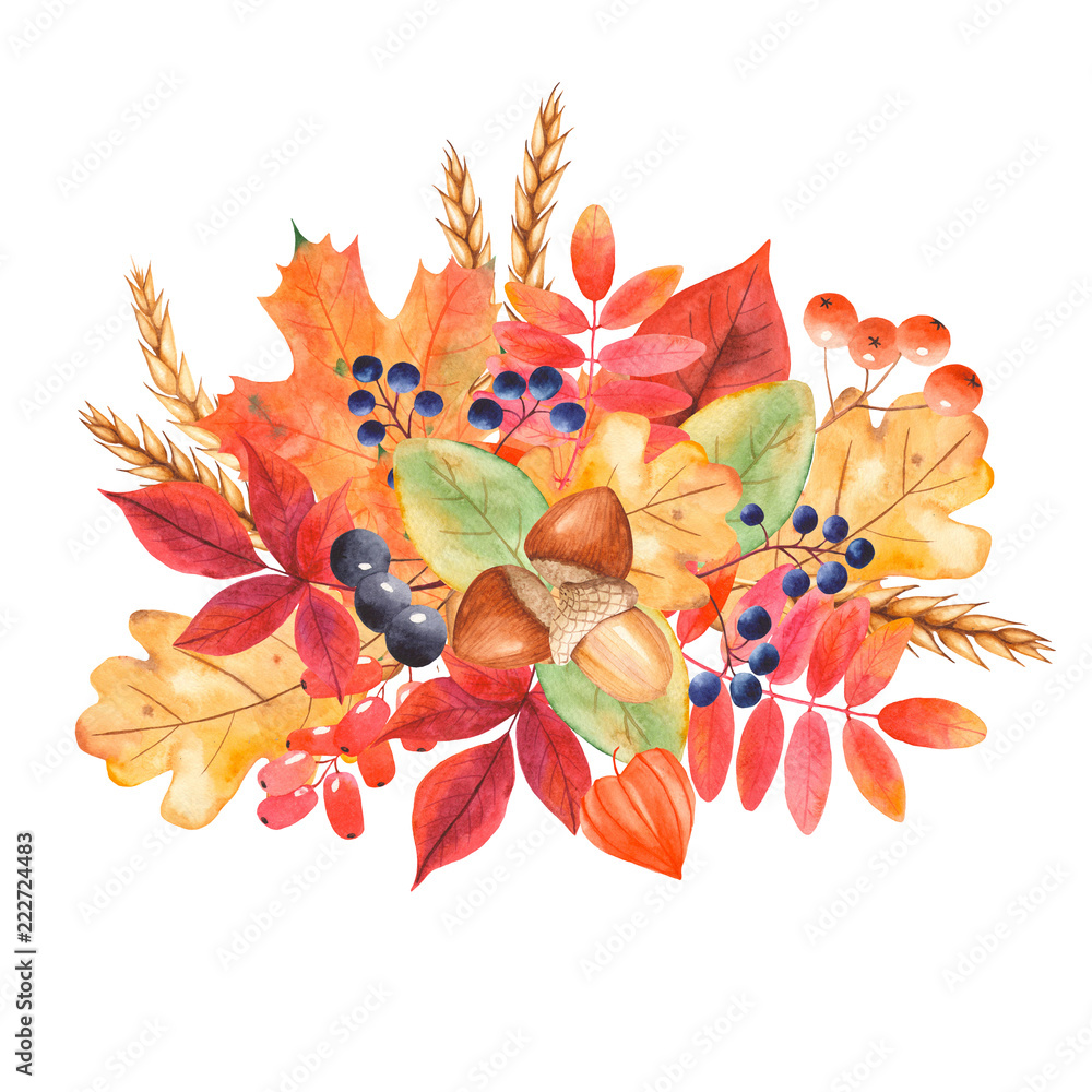 Wall mural watercolor autumn bouquet of leaves and berries. bright composition for postcards, invitations, cong