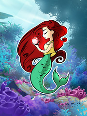 Cute cartoon anime illustration. Beautiful adorable mermaid girl with long red hair holding huge pearl in her hands
