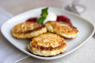 Cottage cheese with raisins for Breakfast. Homemade food.