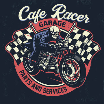 skull riding  cafe racer motorcycle in textured vintage design