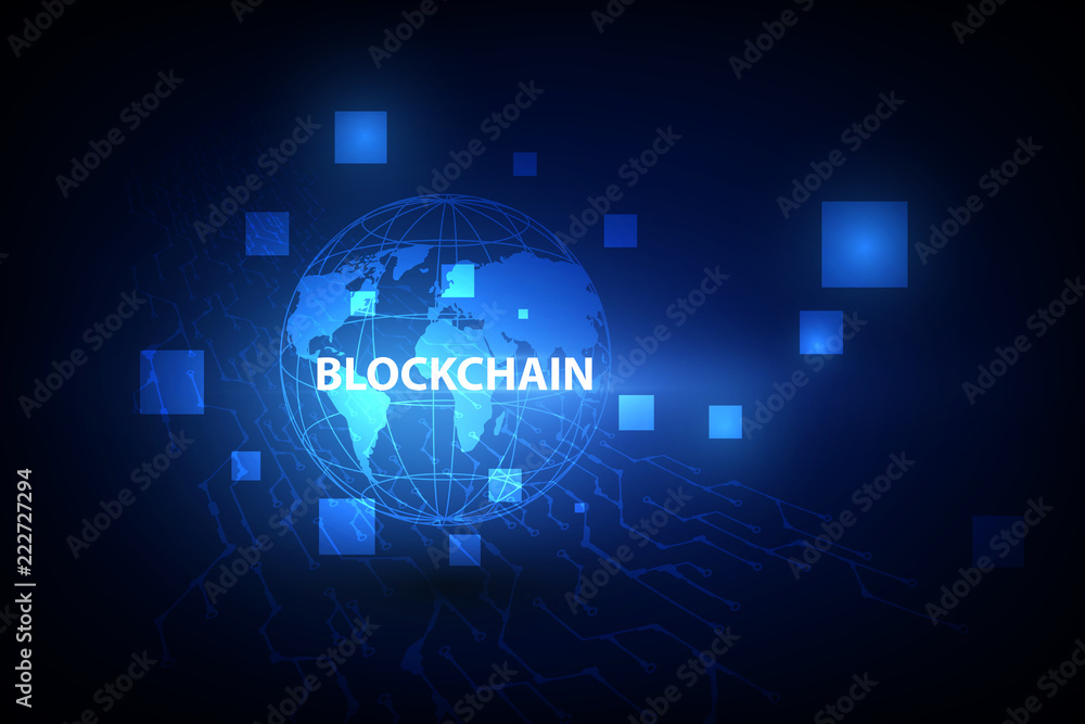 Poster blockchain technology on futuristic background with world map network.network ,vector illustration