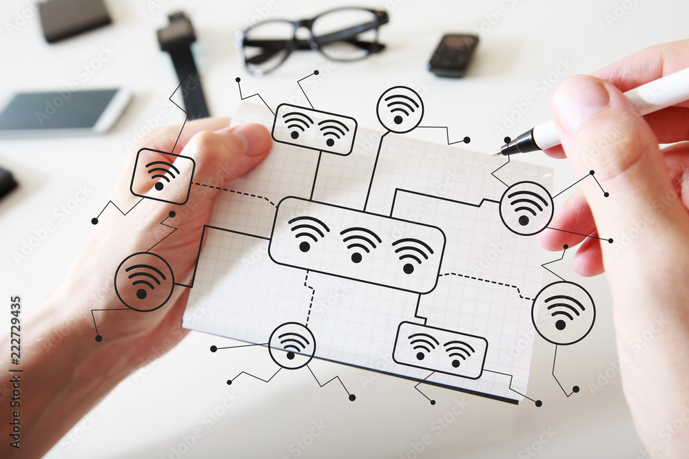 Poster wifi with man writing in a notebook