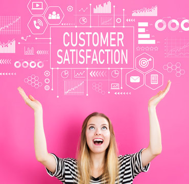 Customer Satisfaction with young woman reaching and looking upwards