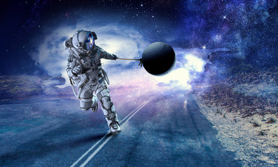 Spaceman steal planet. Mixed media
