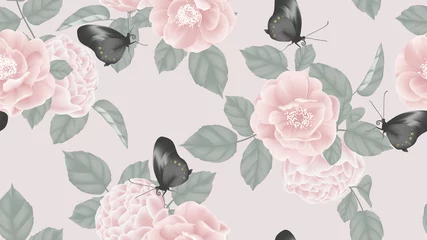 Afwasbaar fotobehang Botanical seamless pattern, pink rose flowers and butterflies on pink background © momosama