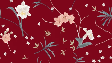 Fototapeten Botanical seamless pattern, orchid, sakura flowers and leaves on red background © momosama