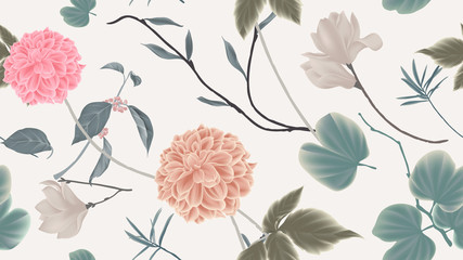 Naklejka premium Botanical seamless pattern, dahlia, magnolia flowers and leaves on light grey background