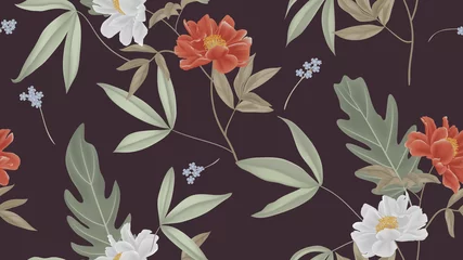 Fotobehang Botanical seamless pattern, red and white paenia lactiflora flowers and leaves on dark pink background © momosama