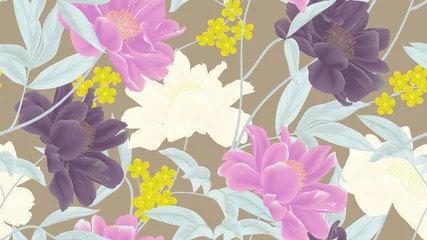 Zelfklevend Fotobehang Botanical seamless pattern, pink, purple and white paenia lactiflora flowers and leaves on blue background © momosama