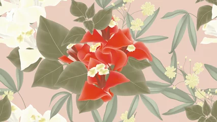 Gordijnen Botanical seamless pattern, red and white Bougainvillea flowers and leaves on light red background © momosama