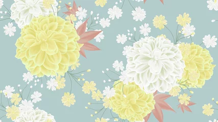 Gordijnen Botanical seamless pattern, yellow and white dahlia flowers and leaves on blue background © momosama