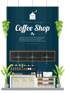 Interior Background , Modern Coffee Shop Counter Bar Scene , Vector , Illustration