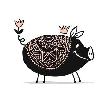 Cute piggy ornate silhouette, symbol of 2019 year for your design