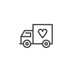 Delivery Truck with heart outline icon. linear style sign for mobile concept and web design. Charity truck simple line vector icon. Symbol, logo illustration. Pixel perfect vector graphics
