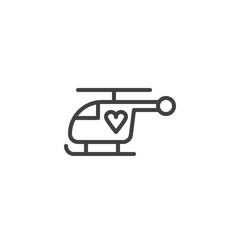 Helicopter with heart outline icon. linear style sign for mobile concept and web design. charity delivery simple line vector icon. Symbol, logo illustration. Pixel perfect vector graphics