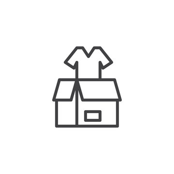 Clothes donation outline icon. linear style sign for mobile concept and web design. Parcel box with t-shirt simple line vector icon. Symbol, logo illustration. Pixel perfect vector graphics