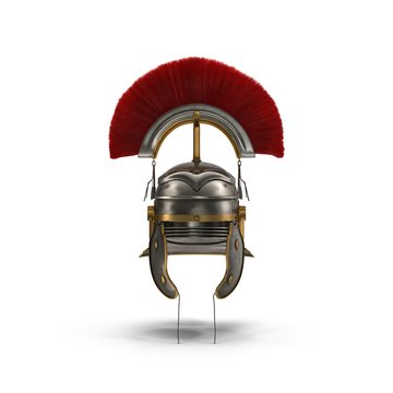 Roman Helmet with Red Crest on white. Front view. 3D illustration