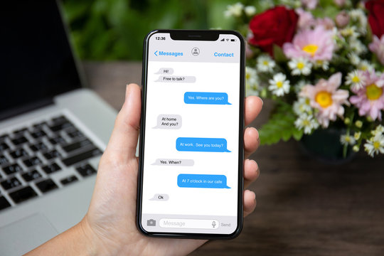 female hand holding phone with app messenger on the screen