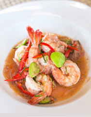 Thai Southern Food, Stir Fried pork and shrimp with parkia and Shrimp Paste,In Thai call "Goong pad ka pi sataw"