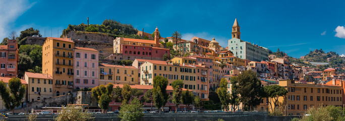 Colorful old buildings of a hilltop medieval town of Vintimiglia in Italy across from the French border