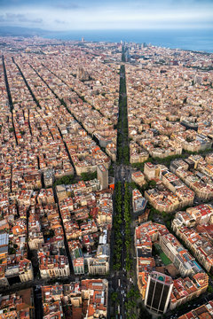 Aerial view of Barcelona main street and city skyline, Spain
