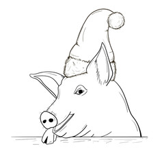 Chinese New Year Pig 2019. A pig sketch in a New Year hat