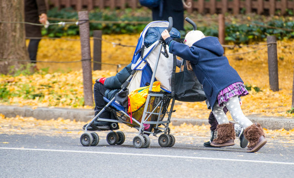  Young girl walking with a boy in stroller outdoors in autumn park