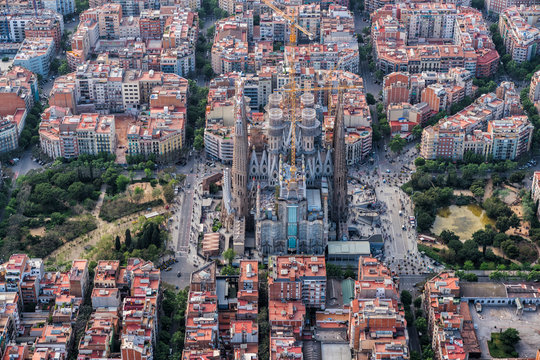 Barcelona aerial view, Eixample residencial district and Sagrada Familia, Spain