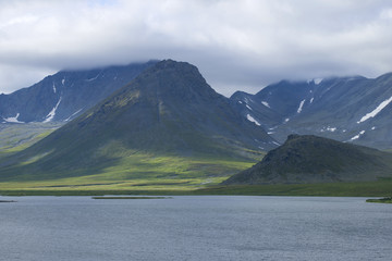 A cloudy day in the mountains of the Polar Urals. Yamal, Russia