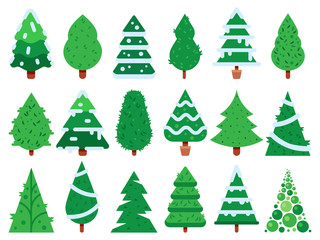 Green christmas tree. Simple Xmas trees shape, nature fir isolated vector icon set