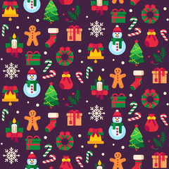 Seamless christmas symbols. Xmas green tree, gift toys or holidays sweets and traditional gingerbread man pattern vector background