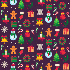 Stoffe zum Nähen Nahtlose Weihnachten Symbole. Grünen Weihnachtsbaum, Geschenk Spielzeug oder Urlaub Süßigkeiten und traditionelle Lebkuchen Mann Muster Vektor-Hintergrund