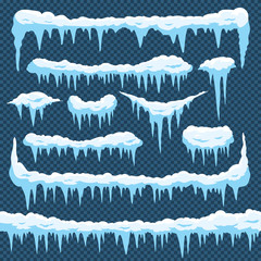 Cartoon snow icicles. Icicle ice with snowcap on top. Winter snowing borders for christmas cards design. Frost frames vector set
