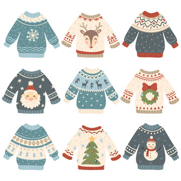 Ugly christmas sweaters. Cartoon cute wool jumper. Knitted winter holidays sweater with funny snowman, Santa and Xmas tree vector set