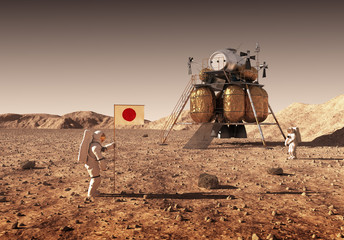 Astronauts Set An Japanese Flag On The Planet Mars - obrazy, fototapety, plakaty
