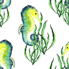 Watercolor Bright Paterrn with Seahorses and Seaweed