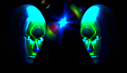 Two multicolored heads against each other, against a background of bright light in the dark. Carnival inventory. Vector illustration