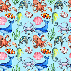 Watercolor Bright Paterrn with Many Different Sea Animals