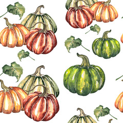 Watercolor Bright Autumn Paterrn with Pumpkins and Leaves