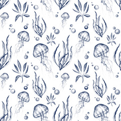 Watercolor Deep Blue Paterrn with Jellyfih and Seaweed and Bubbles