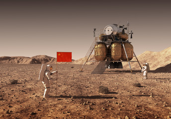 Naklejka premium Astronauts Set An Chinese Flag On The Planet Mars