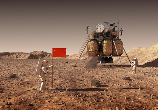 Astronauts Set An Chinese Flag On The Planet Mars