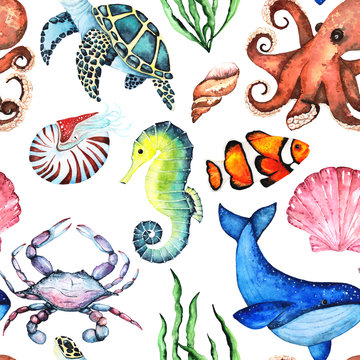 Watercolor Bright Paterrn with Many Different Sea Animals